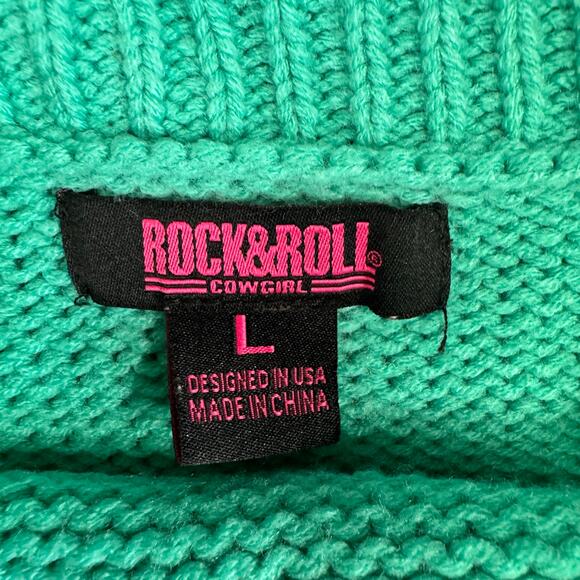 Rock & Roll Cowgirl Womens Teal Green Knitted Fringe Sweater Chunky Core Large‎ - Picture 2 of 7